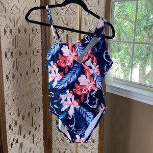 NWT Carmen Marc‎ Valvo $108 Womens Blue Floral One Shoulder Cutout Swimsuit 12